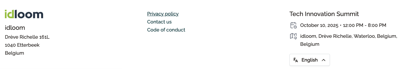 Website-Inhalte und externe Links im Footer der Event-Website – idloom Registrierungssoftware